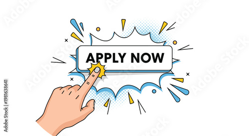 Hand clicking a white APPLY NOW button with a colorful comic book style explosion effect against a clean background.