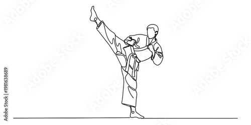 A continuous line drawing of a person in a martial arts uniform performing a high side kick move