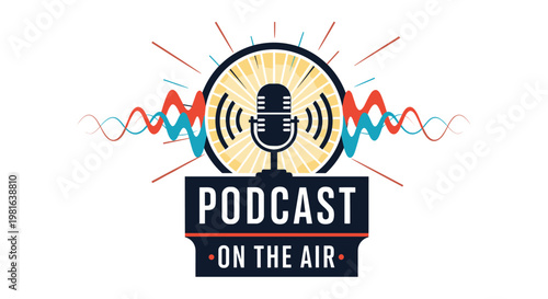 Retro style podcast logo with a microphone, radio waves, and text that says PODCAST ON THE AIR on a white background.