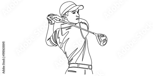 A black and white line art illustration of a young man wearing a cap and swinging a golf driver