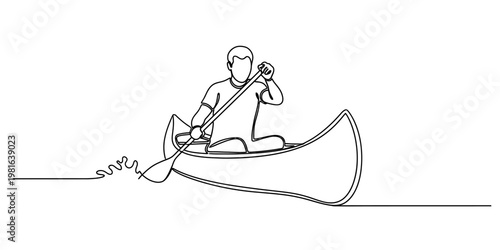 A continuous single line drawing of a man paddling a canoe through the calm water of a lake.