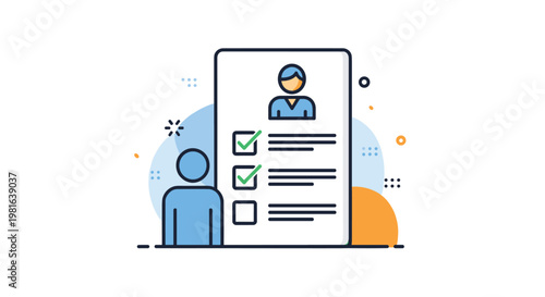 Human resource management profile illustration shows candidate selection process with checklist and successful recruitment icon.