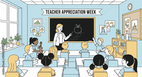 A female teacher engages with diverse students in a bright classroom setting, fostering learning and celebrating Teacher Appreciation Week.