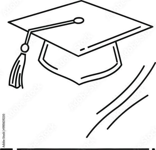Minimalist line art illustration featuring a graduation cap with a flowing tassel symbolizing academic achievement, success, and higher education.