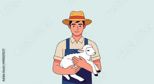 A male farmer wearing a straw hat and blue overalls holding a small white lamb