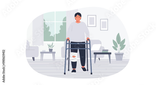 A person with a bandaged leg walks carefully using a medical mobility walker aid