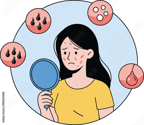 Vector illustration of person with acne and skin issues holding mirror with dermatology icons