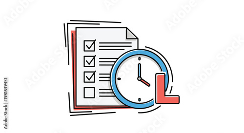 Task management and time tracking illustration combines a checklist document with a blue clock and a red letter L.