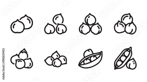 Chickpeas and Peas Icon Set Various Piles and Pods Simple Line Art