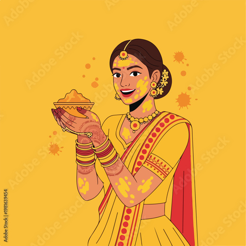 A smiling Indian woman with turmeric paste on her face holds a bowl for Haldi