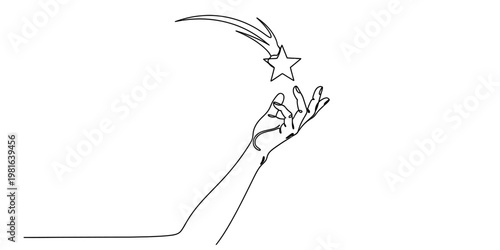 A minimalist single line drawing of an elegant human hand reaching out to touch a falling star
