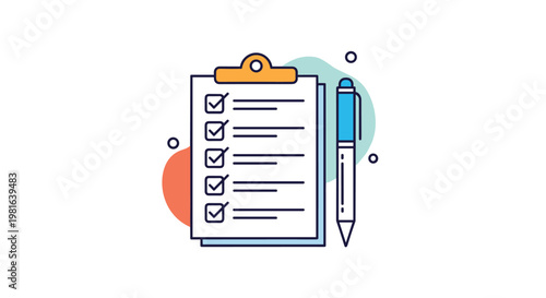Clipboard with a checklist and a blue pen illustration represents organized task management and successful goal completion.