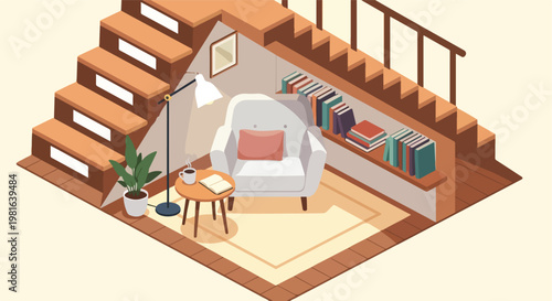 An isometric cozy reading nook tucked under wooden stairs with books and a chair