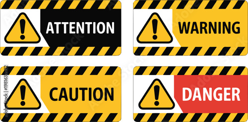 Clean vector illustration of industrial safety signs featuring attention warning and caution labels with exclamation mark symbols