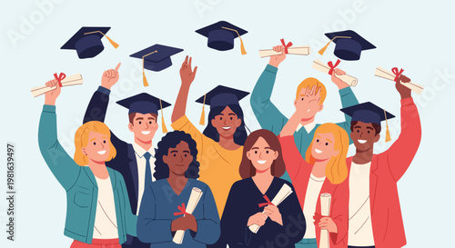 A diverse group of cheerful students celebrating graduation by tossing their caps