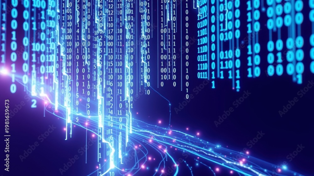 Obraz premium Digital rain, binary code streams. Futuristic network connections, glowing blue lines, dark background. Data visualization concept.