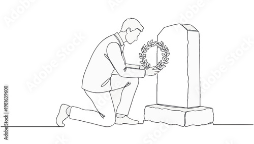 Eternal tribute continuous line art. Man kneeling at a gravestone with a wreath for Victory Day. Minimalist memorial vector illustration isolated on transparent background