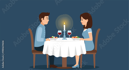 A man and woman sit at a round table for a romantic candlelit dinner for two