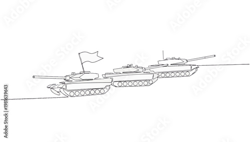 Military tanks in victory parade line art. Minimalist vector illustration of armored vehicles with flag. Outline drawing isolated on transparent background