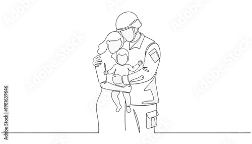 Soldier's homecoming reunion with family. Continuous line art illustration of military father hugging wife and baby. Minimalist vector isolated on transparent background