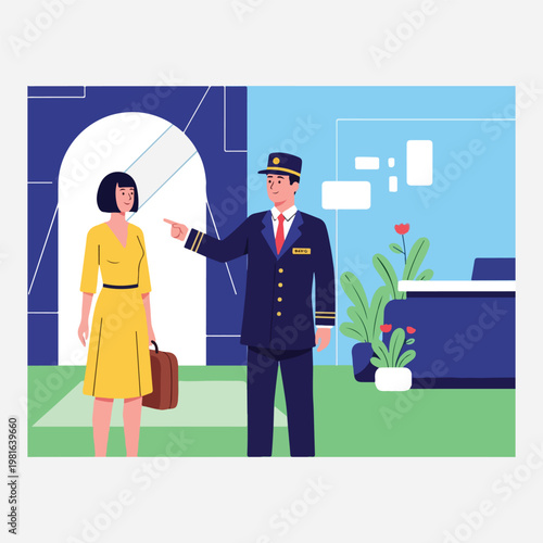 colorful flat vector illustration of hotel concierge assisting guest,