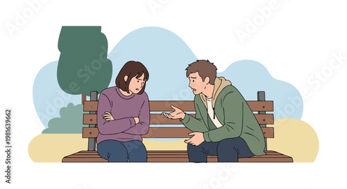 A young man tries to talk to a frustrated young woman sitting on a park bench