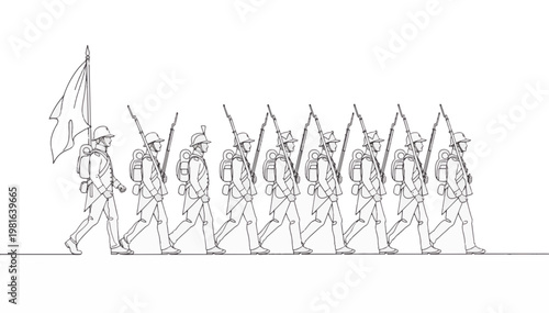 Historical reenactment of marching soldiers line art. Military parade with flag and rifles vector illustration. Victory Day commemoration isolated on transparent background