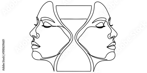 Minimalist continuous line art depicting two faces forming the shape of a classic hourglass timer