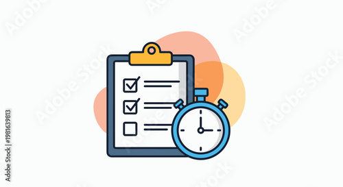 Efficient project management illustration shows a clipboard checklist with a blue stopwatch for timely task completion.