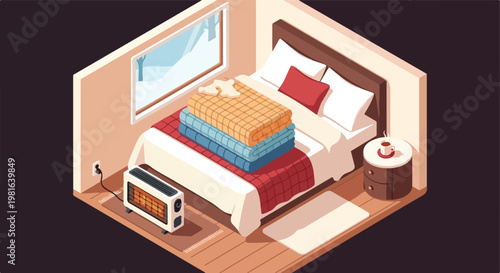 An isometric view of a cozy bedroom with layered blankets and a room heater