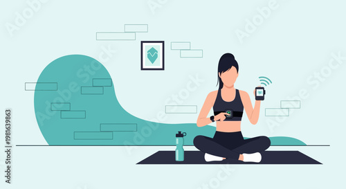 Woman using fitness tracker and smartphone for workout monitoring, healthy lifestyle concept