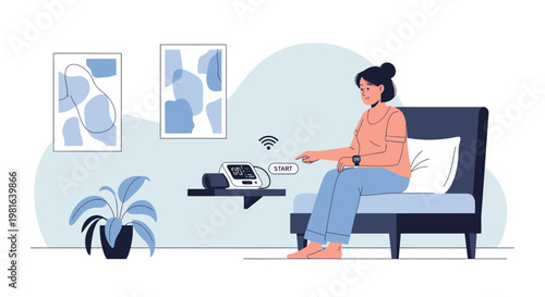Woman using smart blood pressure monitor at home, connected device for health tracking