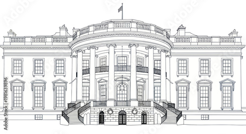 White House Facade Outline Drawing, Architectural Sketch of Presidential Residence
