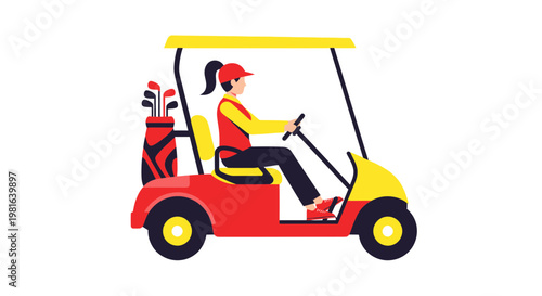 Woman driving a red and yellow golf cart with golf clubs