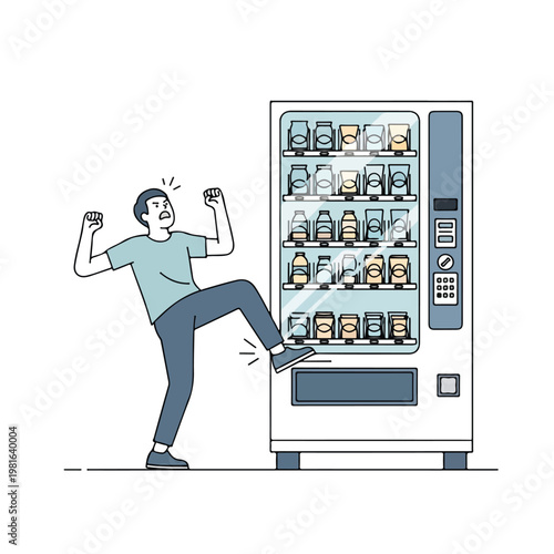 An angry man kicking a vending machine in frustration over a stuck snack product