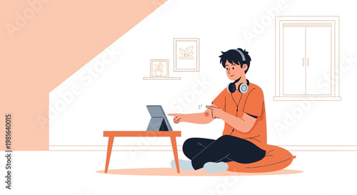 Young man with headphones learning on tablet, sitting on floor cushion