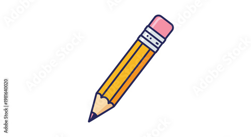 Classic yellow wooden pencil with a pink eraser tip isolated on a white background for writing and drawing concepts.