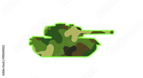 Camouflage Tank Icon with Neon Green Outline on White Background