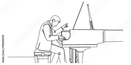 A minimalist black and white line drawing of a man playing a grand piano with focus and passion.