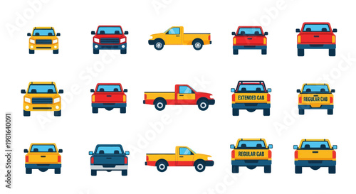 Collection of Flat Design Pickup Trucks and Cars, Various Angles