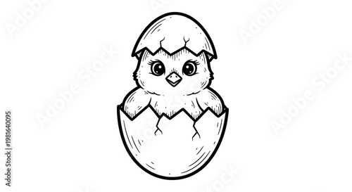 Cute baby chick hatching from cracked eggshell, hand-drawn sketch style