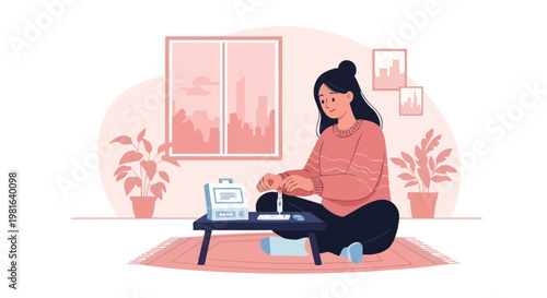 Young Woman Doing Home Covid Test Kit, Sitting on Floor with Plants and City View