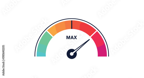 Performance speedometer gauge reaching maximum level with colorful indicators for speed, power, and high efficiency metrics.