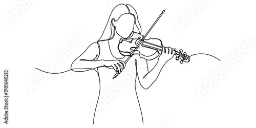 A continuous line drawing of a woman playing the violin with elegance and graceful artistic style