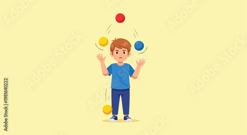 An illustration of a young boy struggling to juggle several colorful small balls