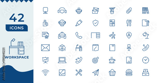 Collection of fortytwo minimalist workspace and office activity icons on transparent background for digital design projects