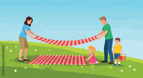 A family setting up a red checkered blanket for a picnic on a sunny green lawn
