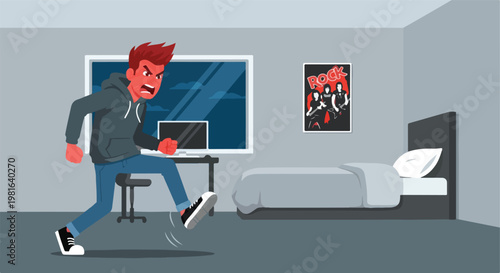 An angry young man with red skin storms through his bedroom with a frustrated mood