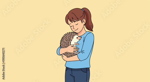 A young girl gently smiling while holding and hugging a small pet hedgehog
