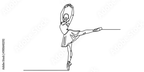 A single continuous line drawing of a graceful ballerina performing a classic ballet dance move